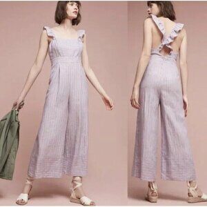 Anthropologie Elevenses Nantucket Linen Jumpsuit Lavender Gray Stripe Ruffle 0 j